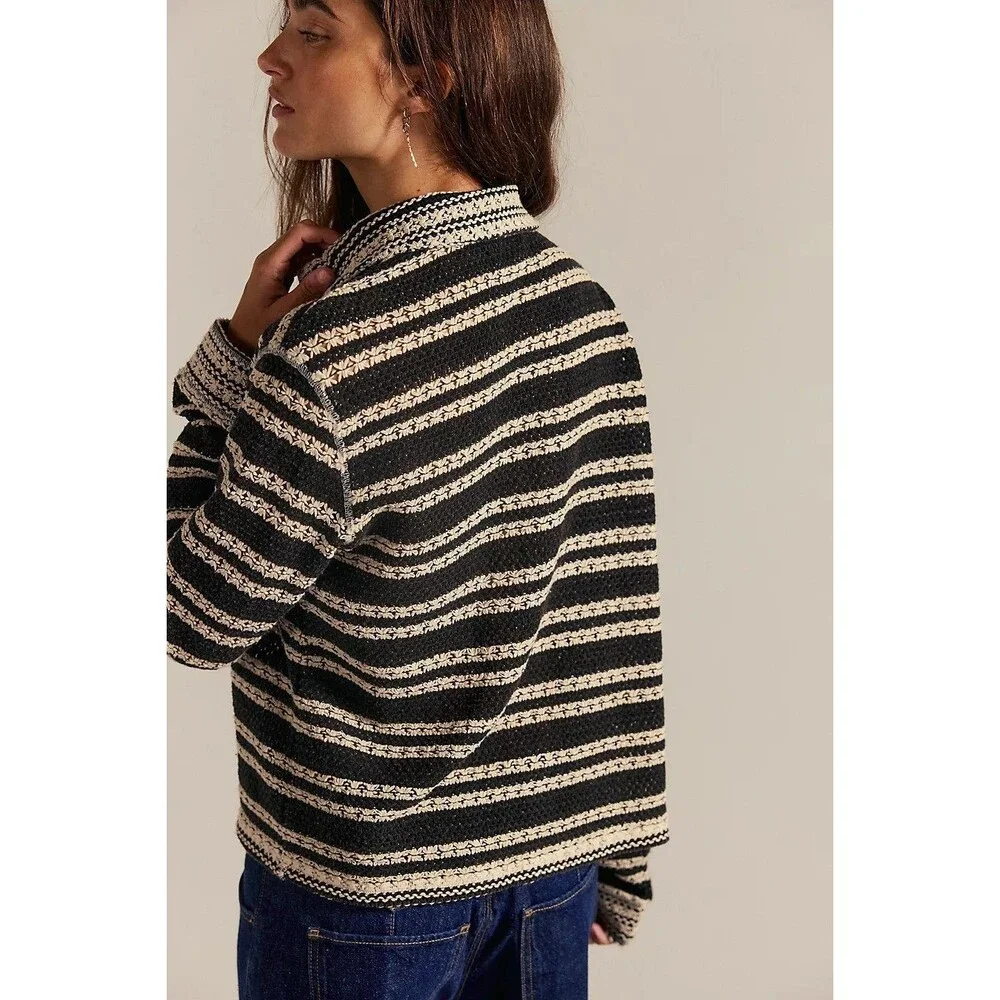 Free People We The Free Kai Cardi Shirt Blouse Top Striped Crochet XS 286768
